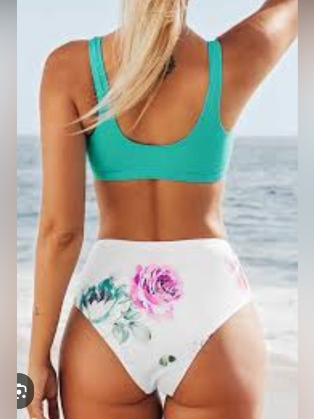 Cupshe Teal Ribbed Zip-Front Bikini Top with White Floral High-Waist Bottom - Picture 2 of 2